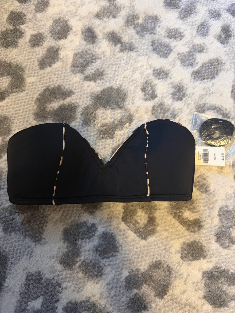 Strapless Black swim top with cheetah Trim